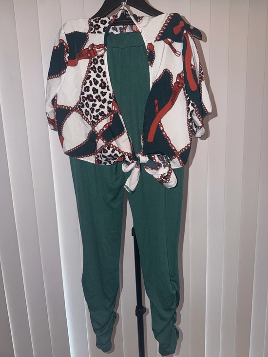 SHEIN Pants - SHEIN Green Jogger Jumpsuit with Printed Tie-Front Top